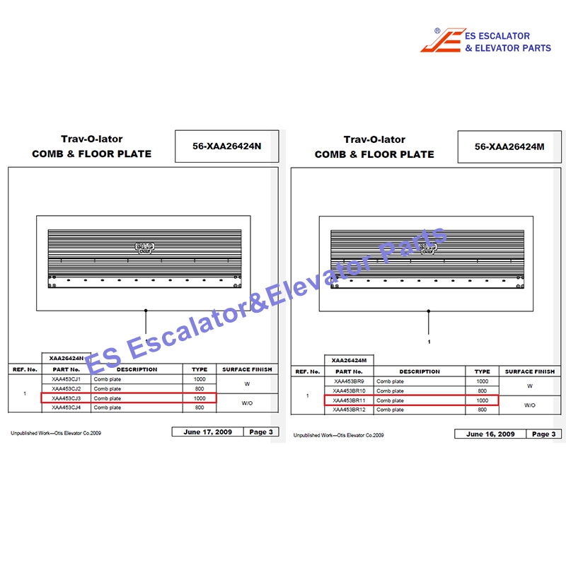 XAA453CJ3 Escalator Comb Plates  1000mm Aluminium  For XOP Lower Landing Use For Otis