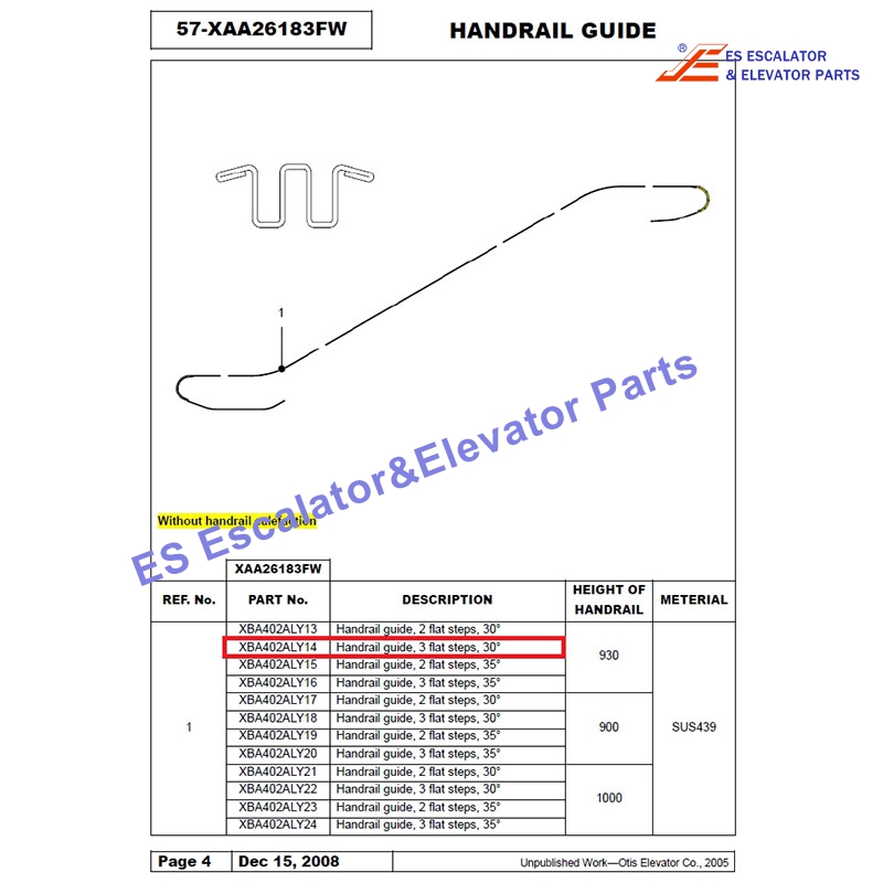 XBA402ALY14 Escalator Handrail Guide Steel Guide Curve Bottom Entrance 3 Flat Steps 30° Degree Balustrade 930 mm Use For Otis