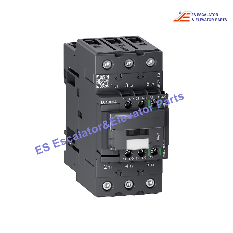 LC1D65AKUE Elevator IEC Contactor TeSys D Green, Nonreversing, 65A, 40HP at 480VAC, up to 100kA SCCR, 3 phase, 3 NO, 100/250VAC/VDC Coil Use For Schneider